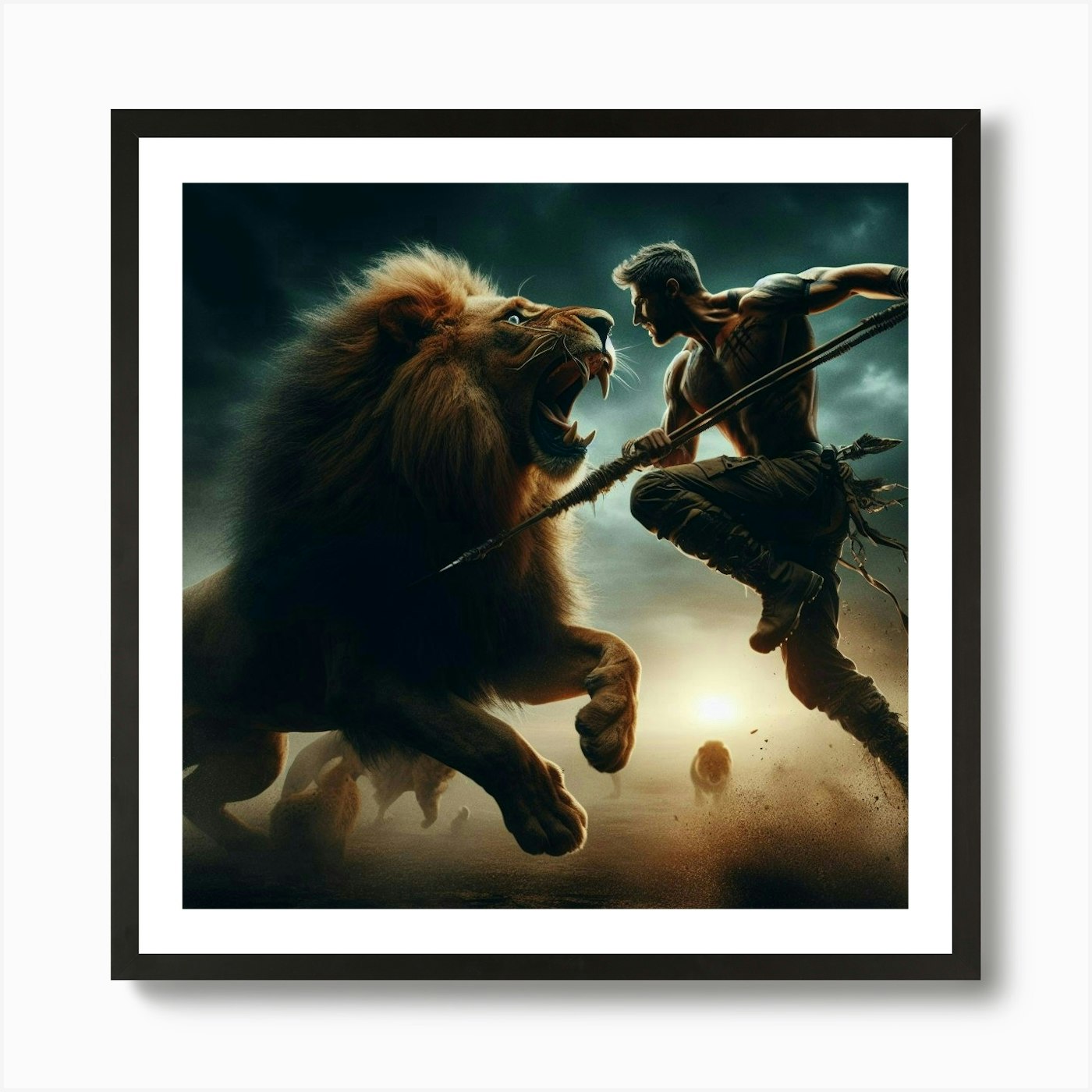 Lion And Man Fighting Art Print Framed Wall Art Poster Canvas Print Picture