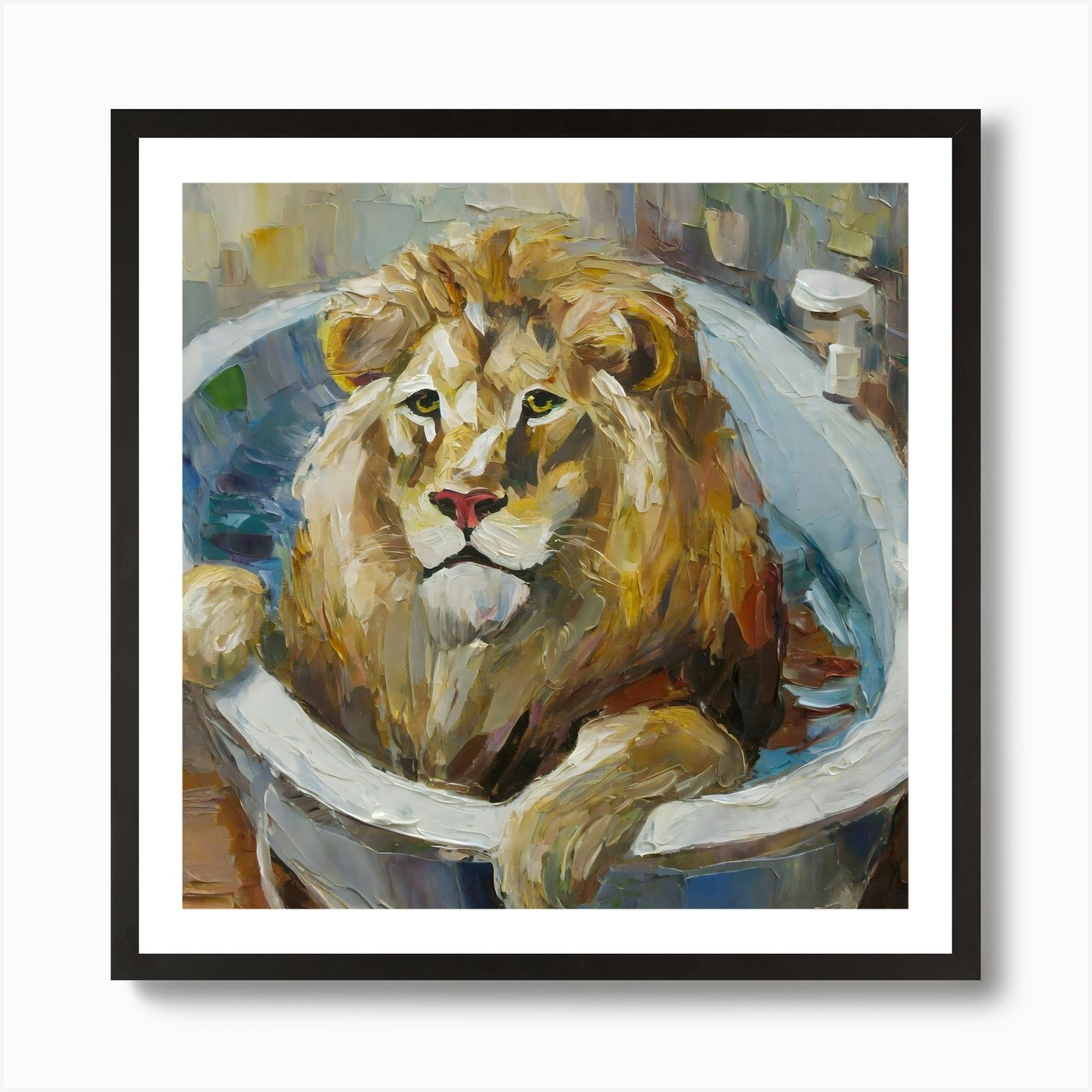 Lion In The Bath Art Print Framed Wall Art Poster Canvas Print Picture