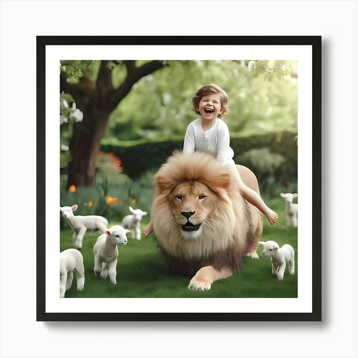 Lion And Lambs Art Print Framed Wall Art Poster Canvas Print Picture
