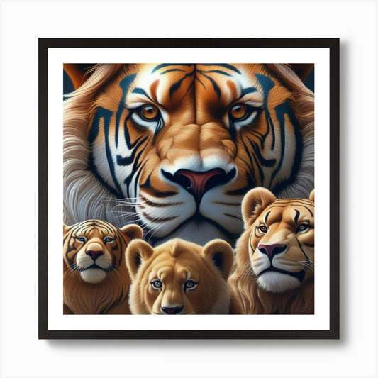 An Intense Close Up Of Lions Tiger  Framed Wall Art Poster Canvas Print Picture