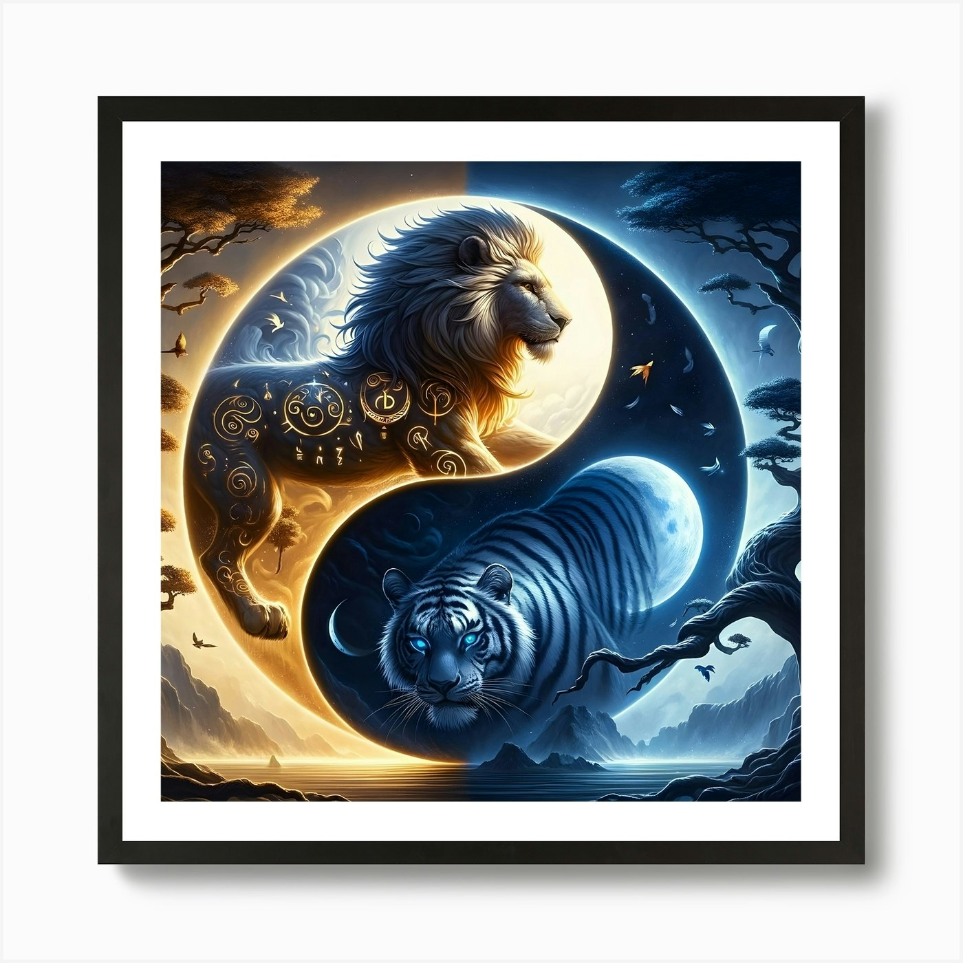 Lion And Tiger Yin Yang Art Print Framed Wall Art Poster Canvas Print Picture