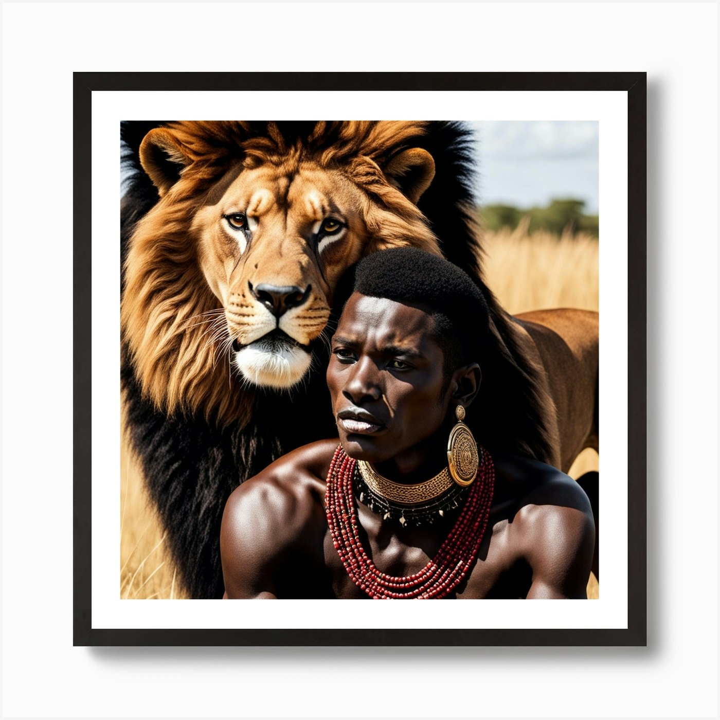 African Man With Lion Art Print Framed Wall Art Poster Canvas Print Picture