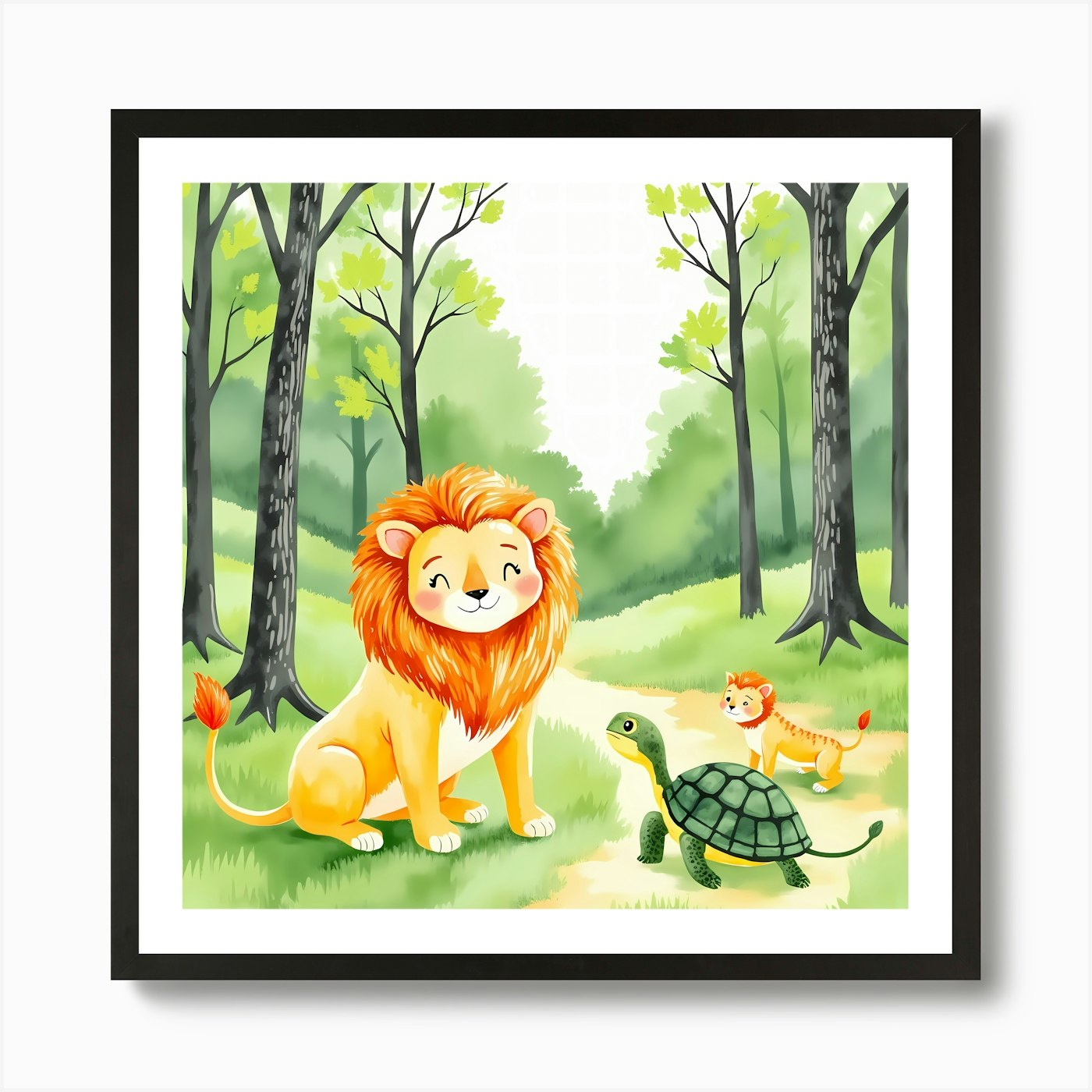 Lion And Turtle In The Forest Art P Framed Wall Art Poster Canvas Print Picture
