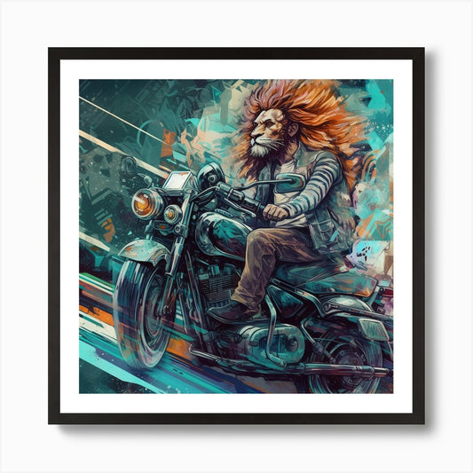 Lion On A Motorcycle Art Print Framed Wall Art Poster Canvas Print Picture