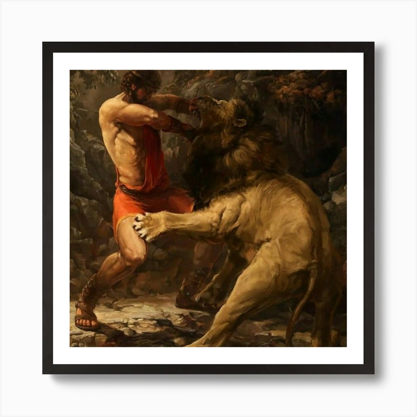 Lion And Man Fighting Art Print Framed Wall Art Poster Canvas Print Picture