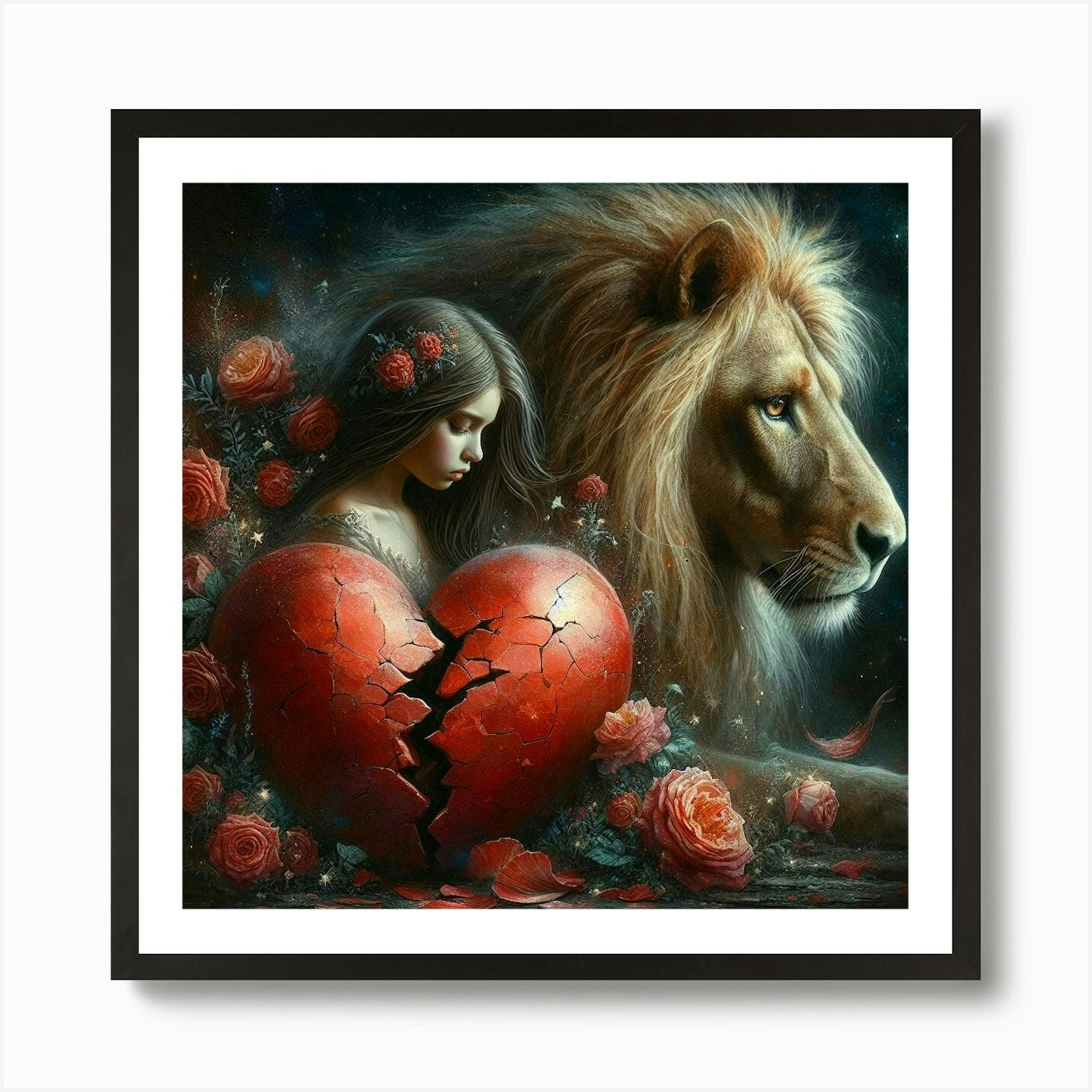 Lion And Broken Heart Art Print Framed Wall Art Poster Canvas Print Picture