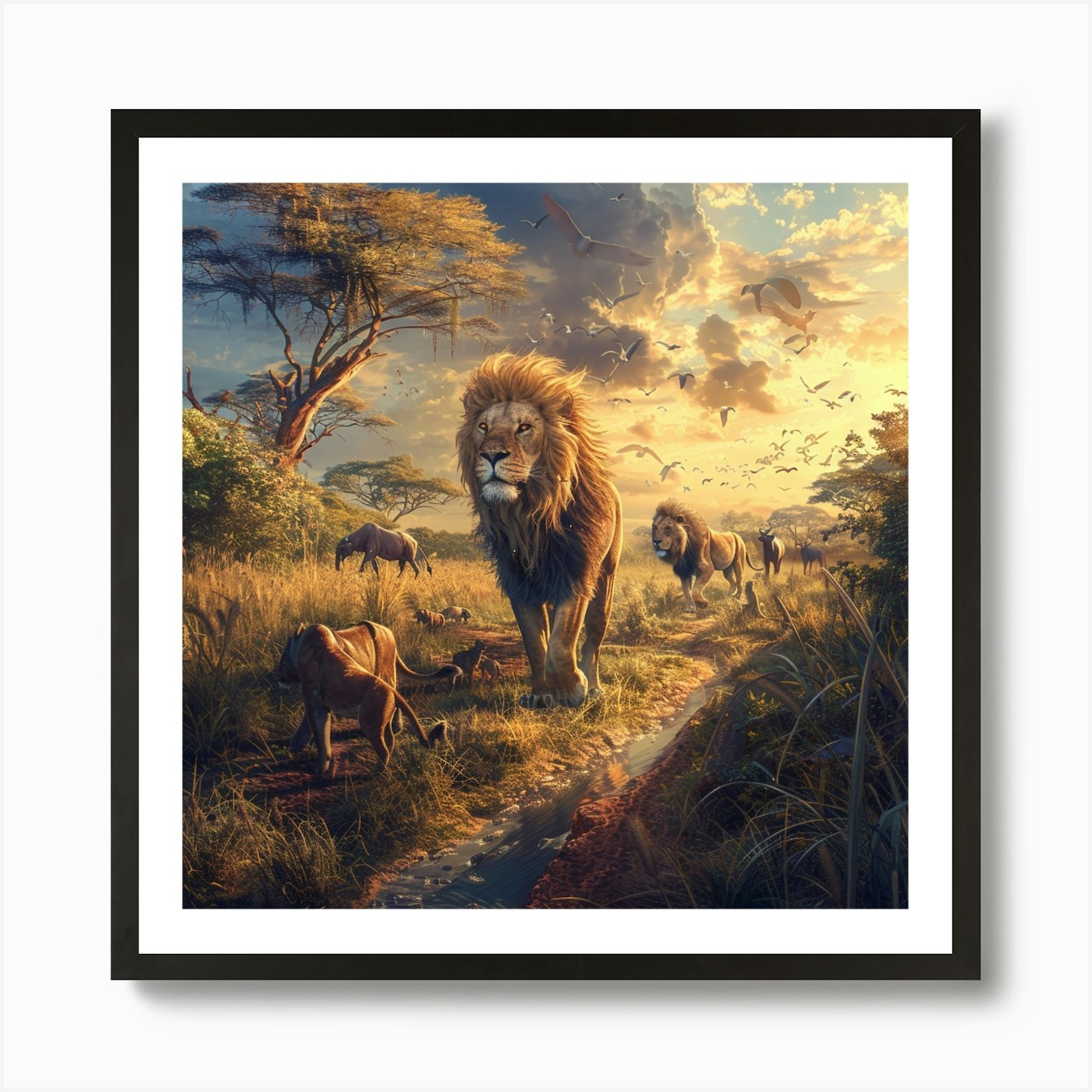 Lions In The Savannah Art Print Framed Wall Art Poster Canvas Print Picture