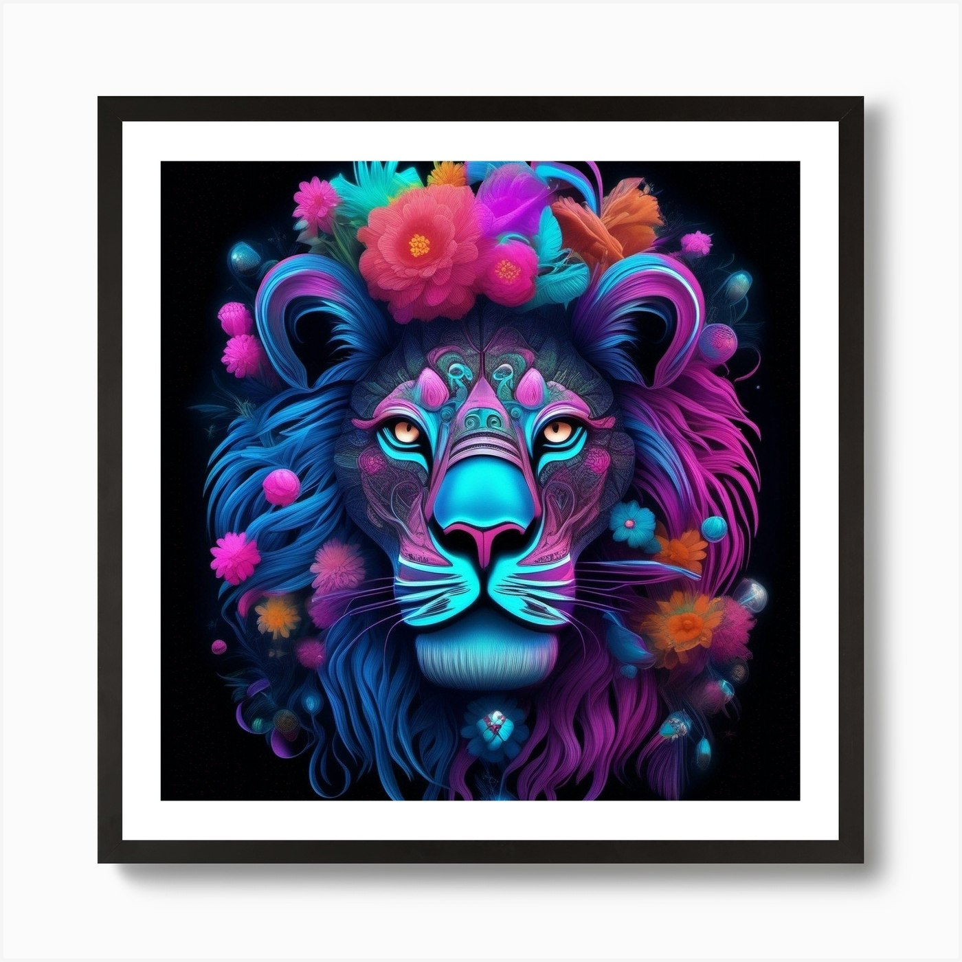 Lion With Flowers 1 Art Print Framed Wall Art Poster Canvas Print Picture