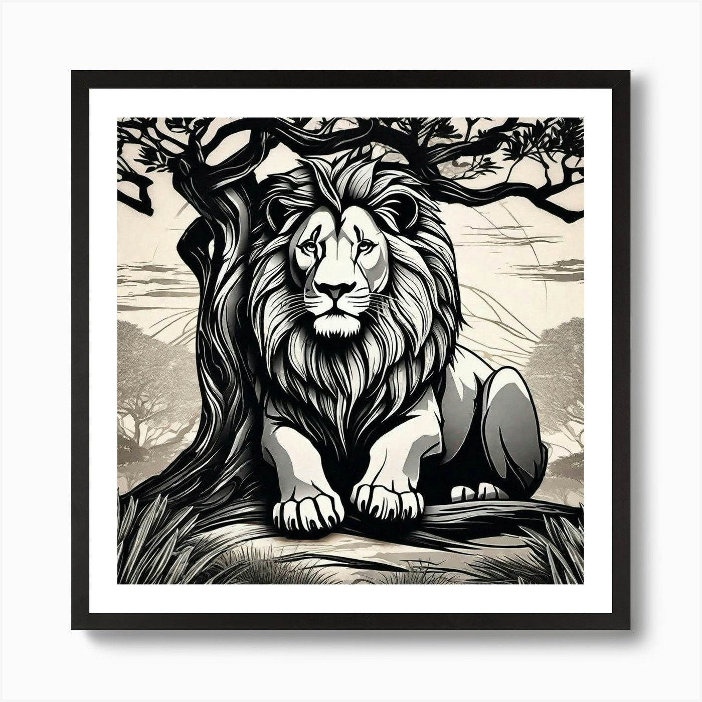 Lion Under The Tree Art Print Framed Wall Art Poster Canvas Print Picture