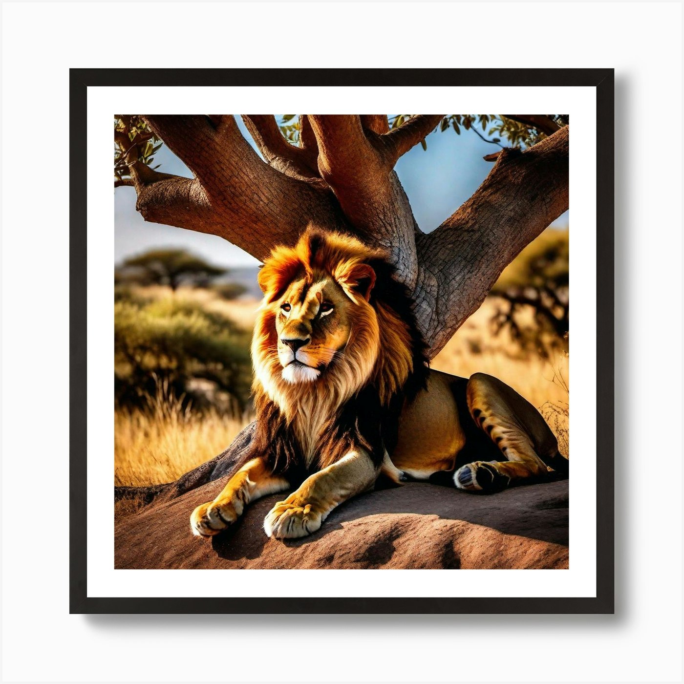 Lion Under Tree Art Print Framed Wall Art Poster Canvas Print Picture