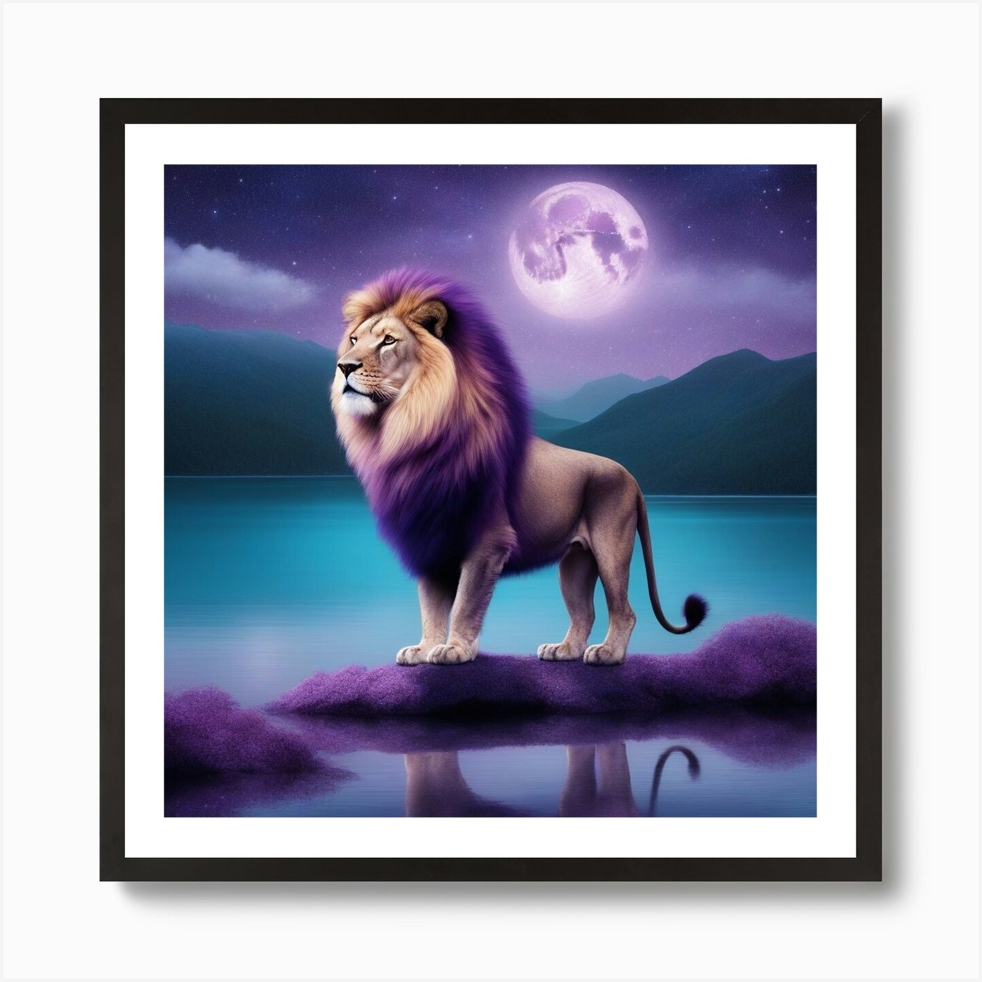 Lion In The Moonlight Art Print Framed Wall Art Poster Canvas Print Picture