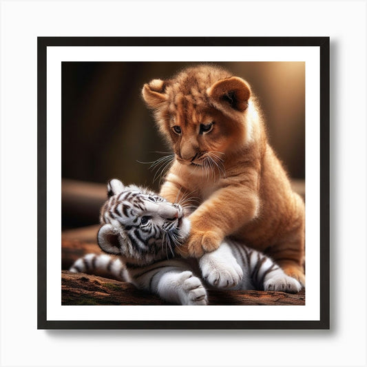 Tiger And Lion Cub Art Print Framed Wall Art Poster Canvas Print Picture