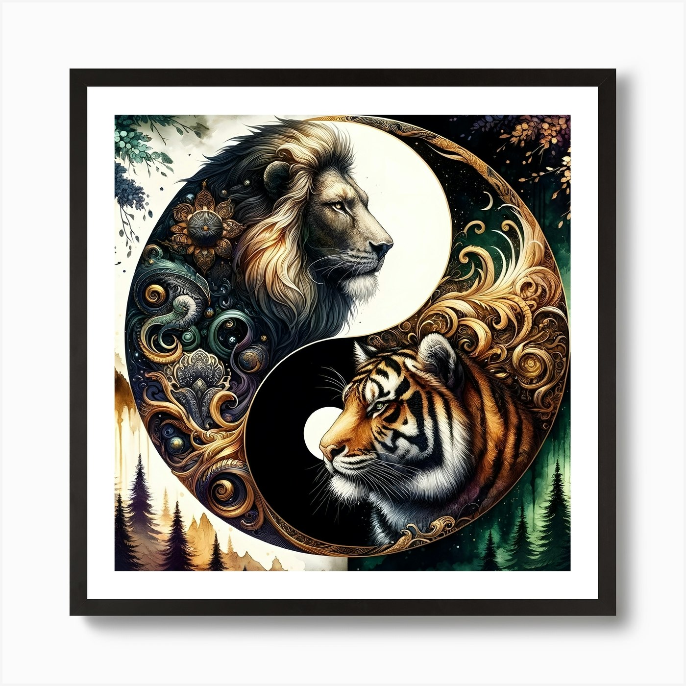 Lion And Tiger Yin Yang 1 Art Print Framed Wall Art Poster Canvas Print Picture