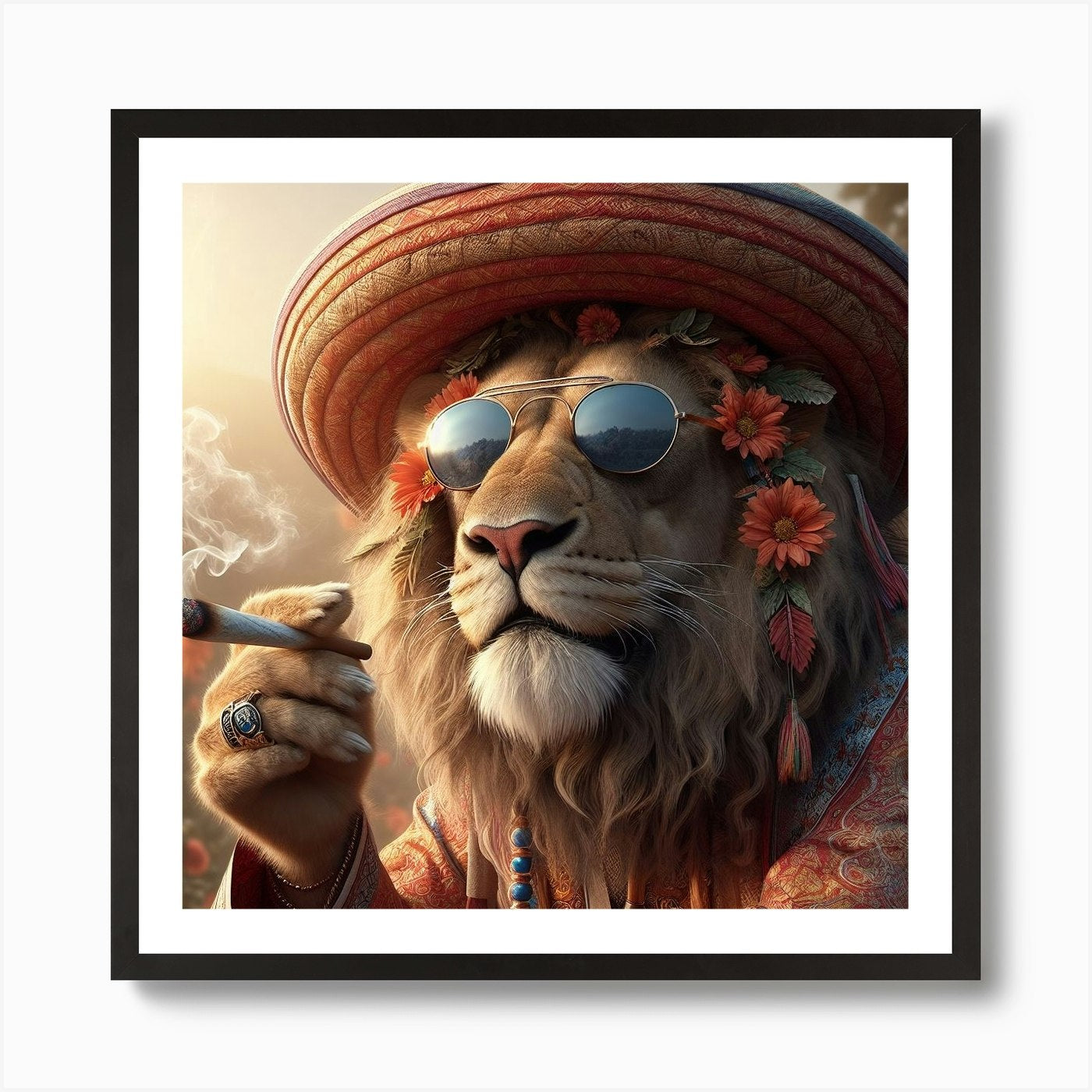 Lion Smoking Weed Art Print Framed Wall Art Poster Canvas Print Picture