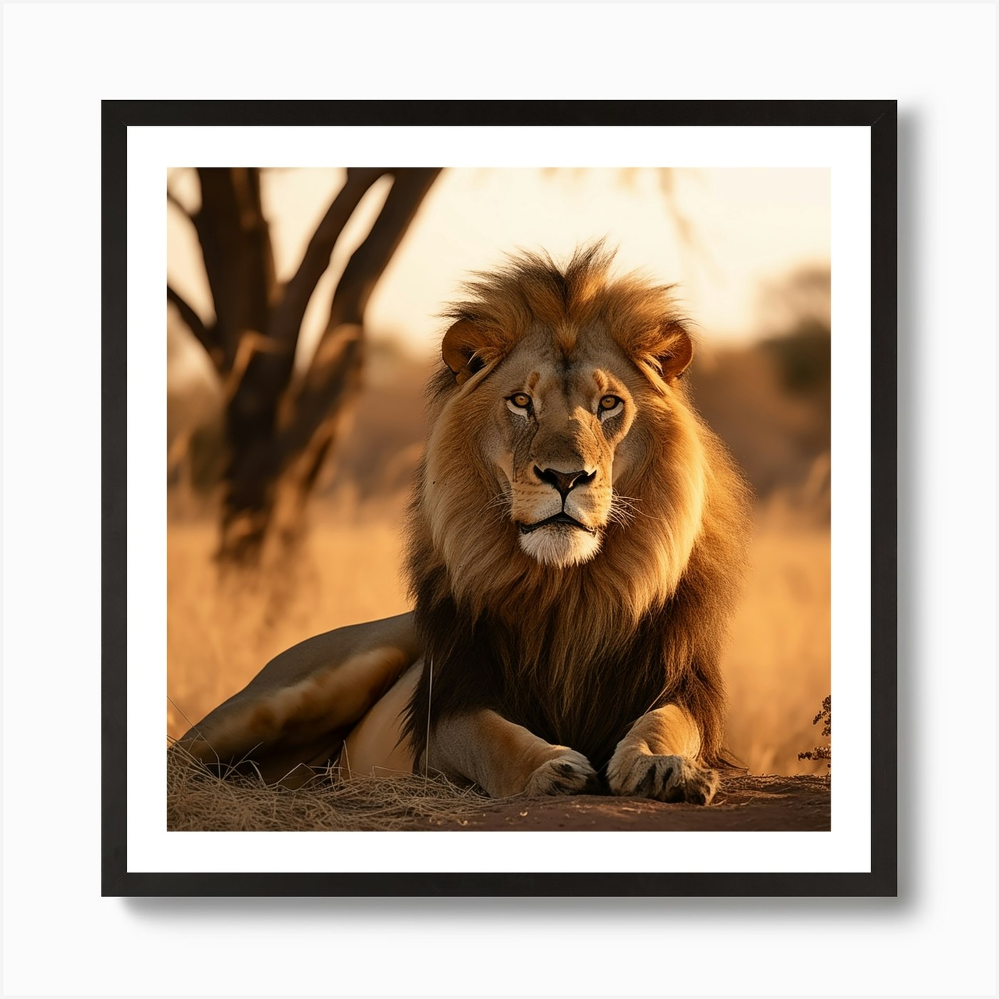 Lion on Savannah Art Print Framed Wall Art Poster Canvas Print Picture