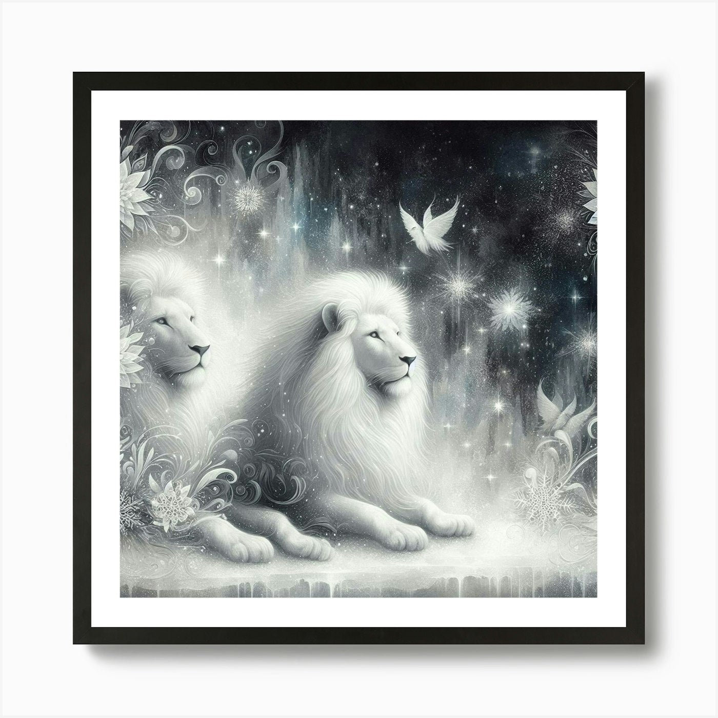 Lions In The Snow Art Print Framed Wall Art Poster Canvas Print Picture