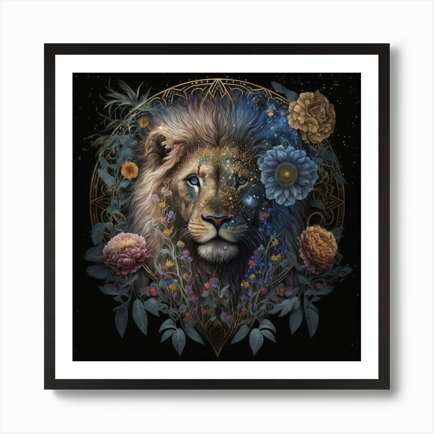 Midnight Bloom Lion Art Print Framed Wall Art Poster Canvas Print Picture