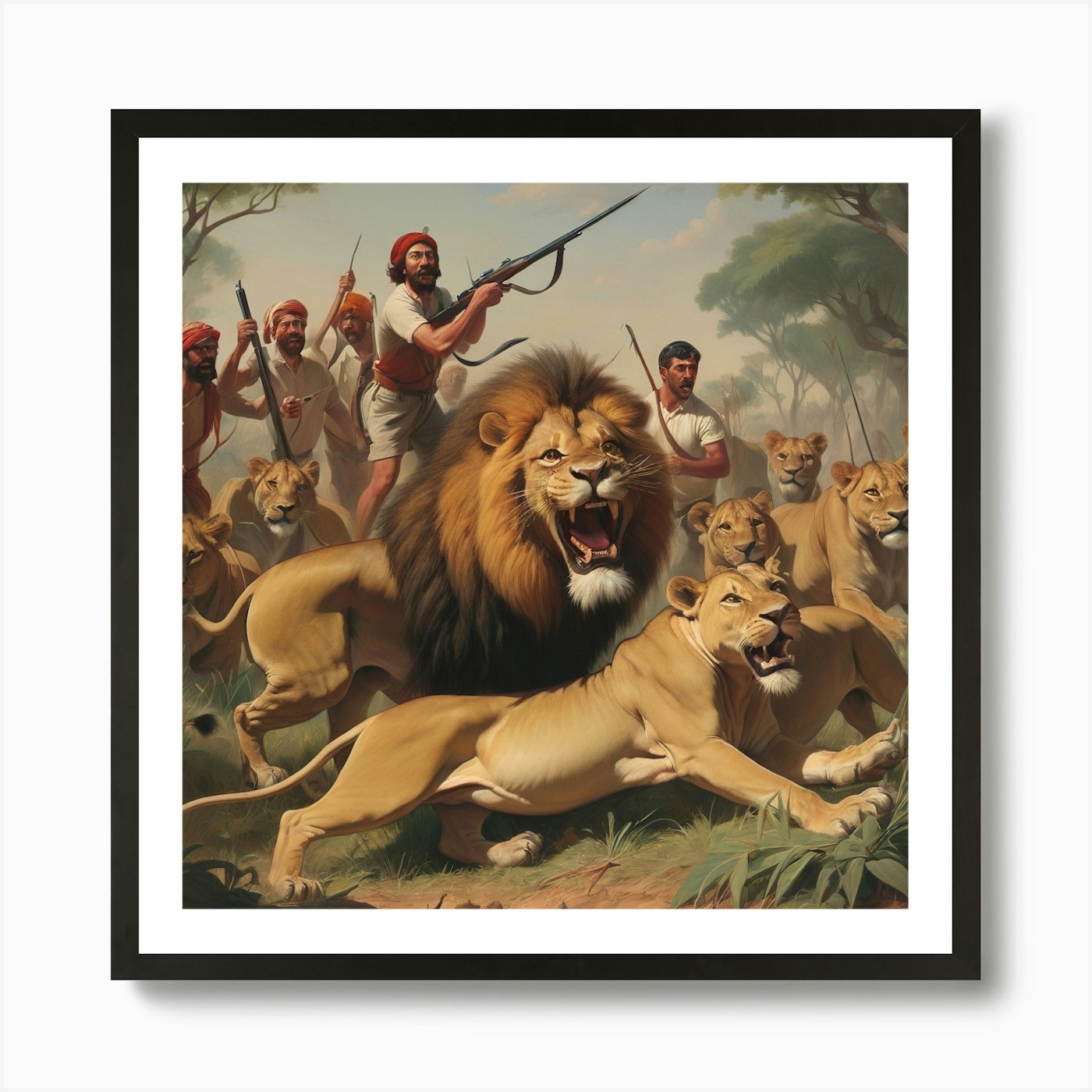 Lions And Men Art Print Framed Wall Art Poster Canvas Print Picture