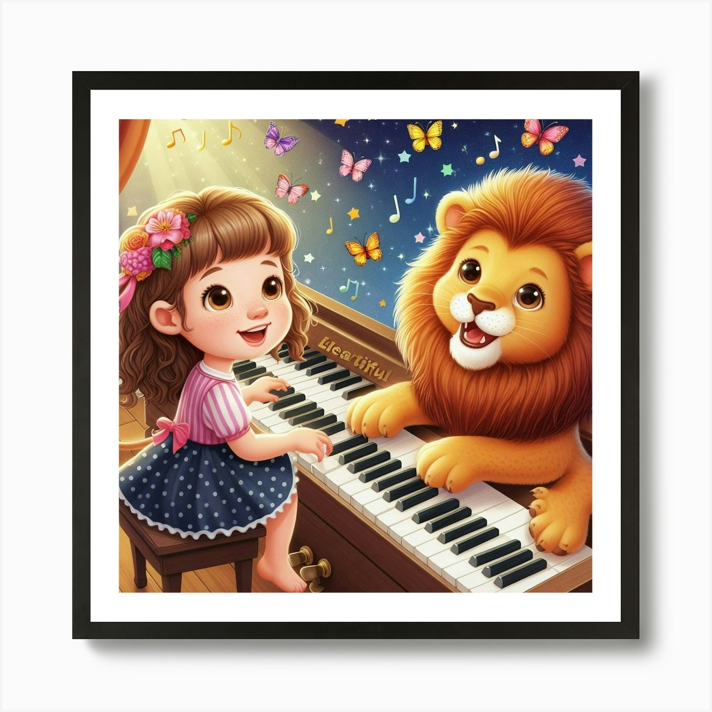 Little Girl Playing Piano With Lion Framed Wall Art Poster Canvas Print Picture
