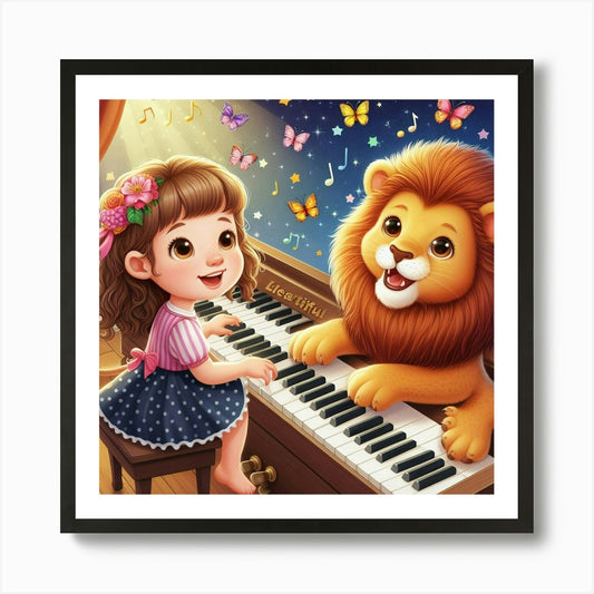 Little Girl Playing Piano With Lion Framed Wall Art Poster Canvas Print Picture
