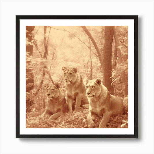 Armadiler Lion Family In The Woods  Framed Wall Art Poster Canvas Print Picture