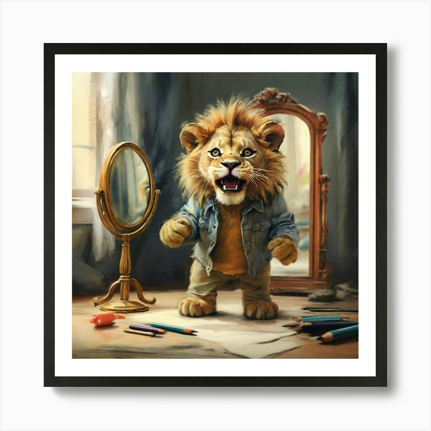 Lion In The Mirror 2 Art Print Framed Wall Art Poster Canvas Print Picture