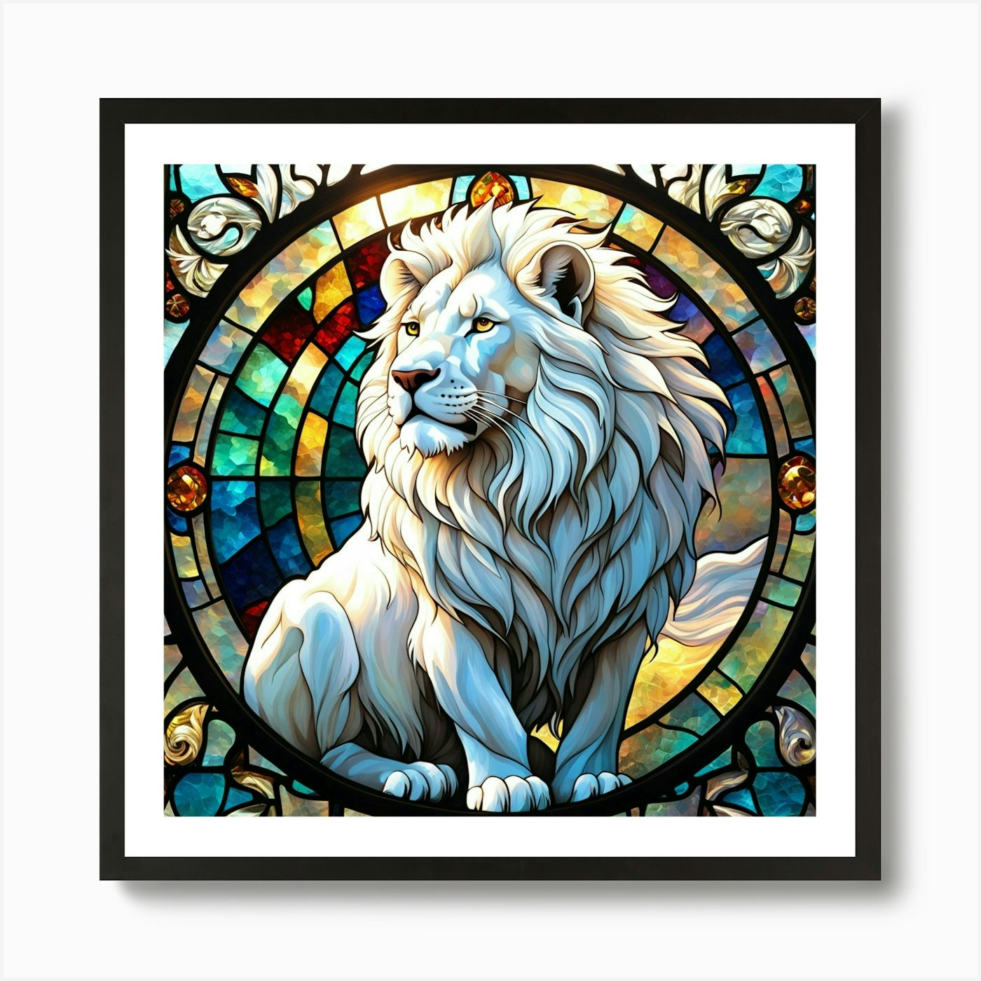 Lion In Stained Glass Art Print Framed Wall Art Poster Canvas Print Picture