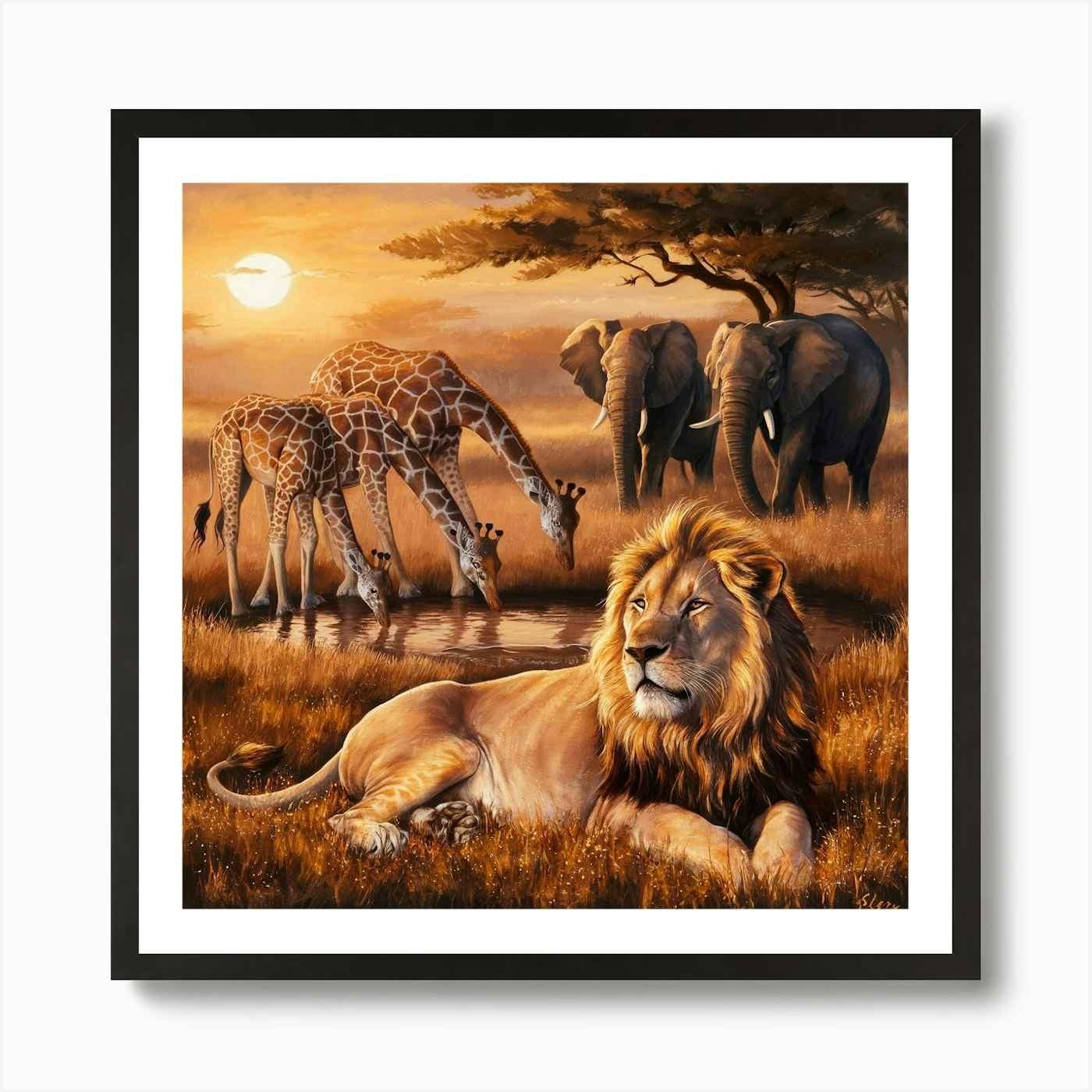 Lions And Giraffes 1 Art Print Framed Wall Art Poster Canvas Print Picture