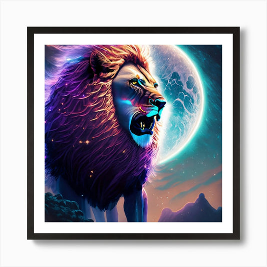 Lion roaring In The Moonlight Art P Framed Wall Art Poster Canvas Print Picture