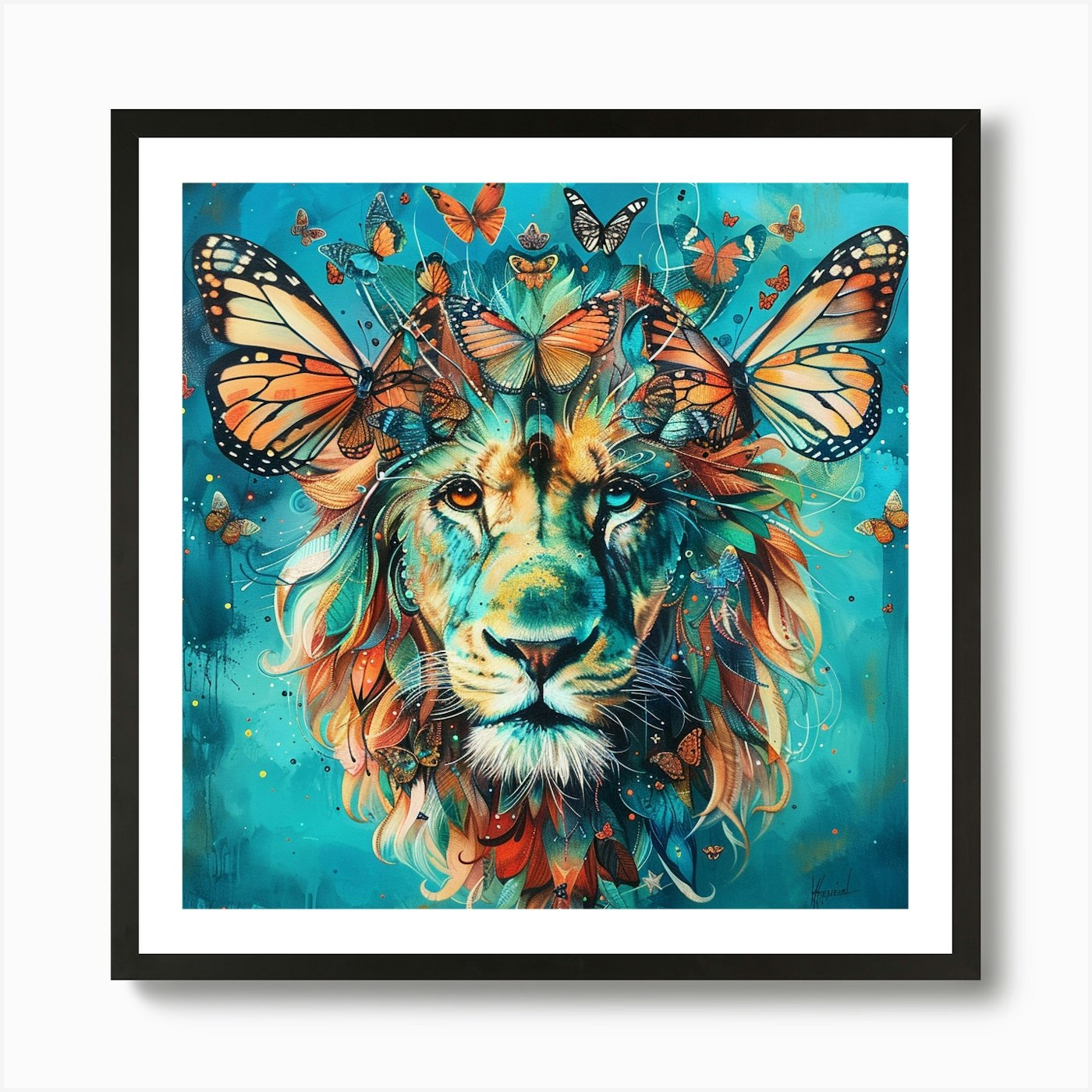 Lion With Butterflies Art Print Framed Wall Art Poster Canvas Print Picture