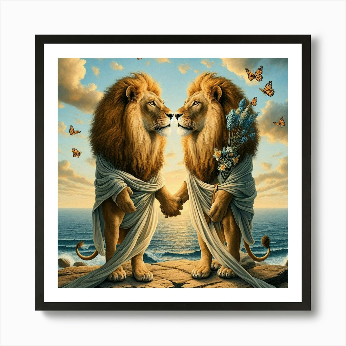 Lions In Love Art Print Framed Wall Art Poster Canvas Print Picture
