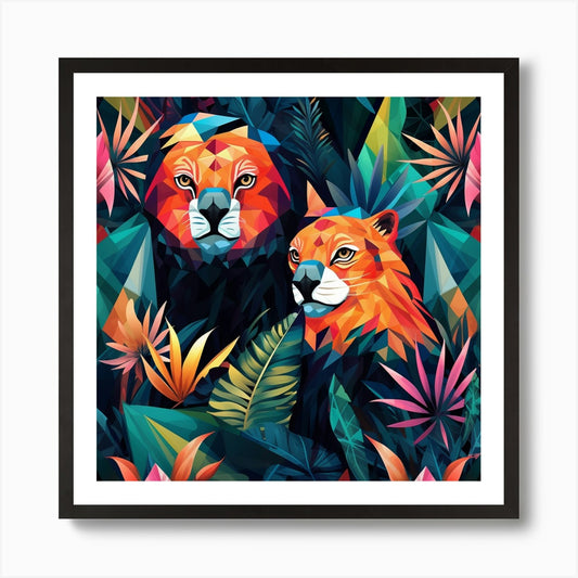 Two Lions In The Jungle Art Print Framed Wall Art Poster Canvas Print Picture