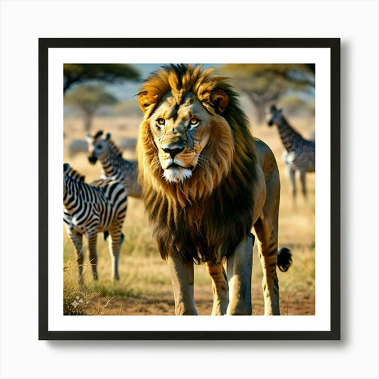 Lion And Zebras Art Print Framed Wall Art Poster Canvas Print Picture