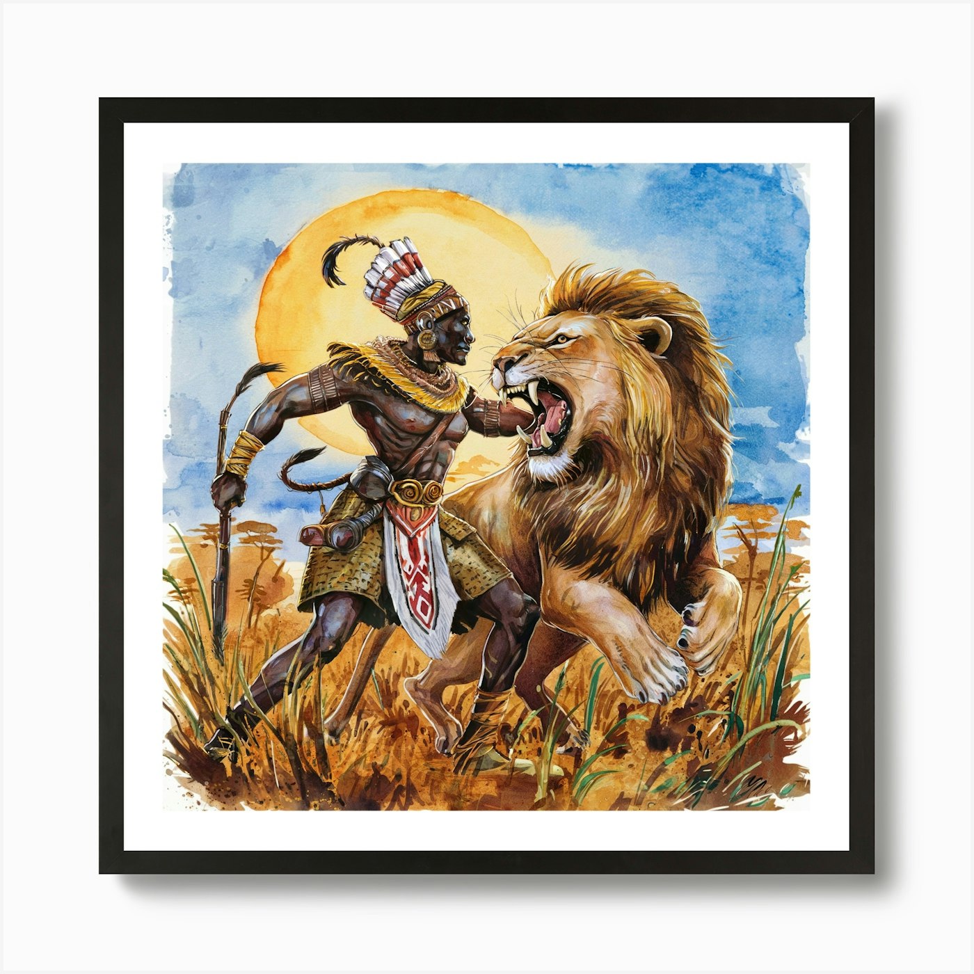 Lion And African warrior Art Print Framed Wall Art Poster Canvas Print Picture