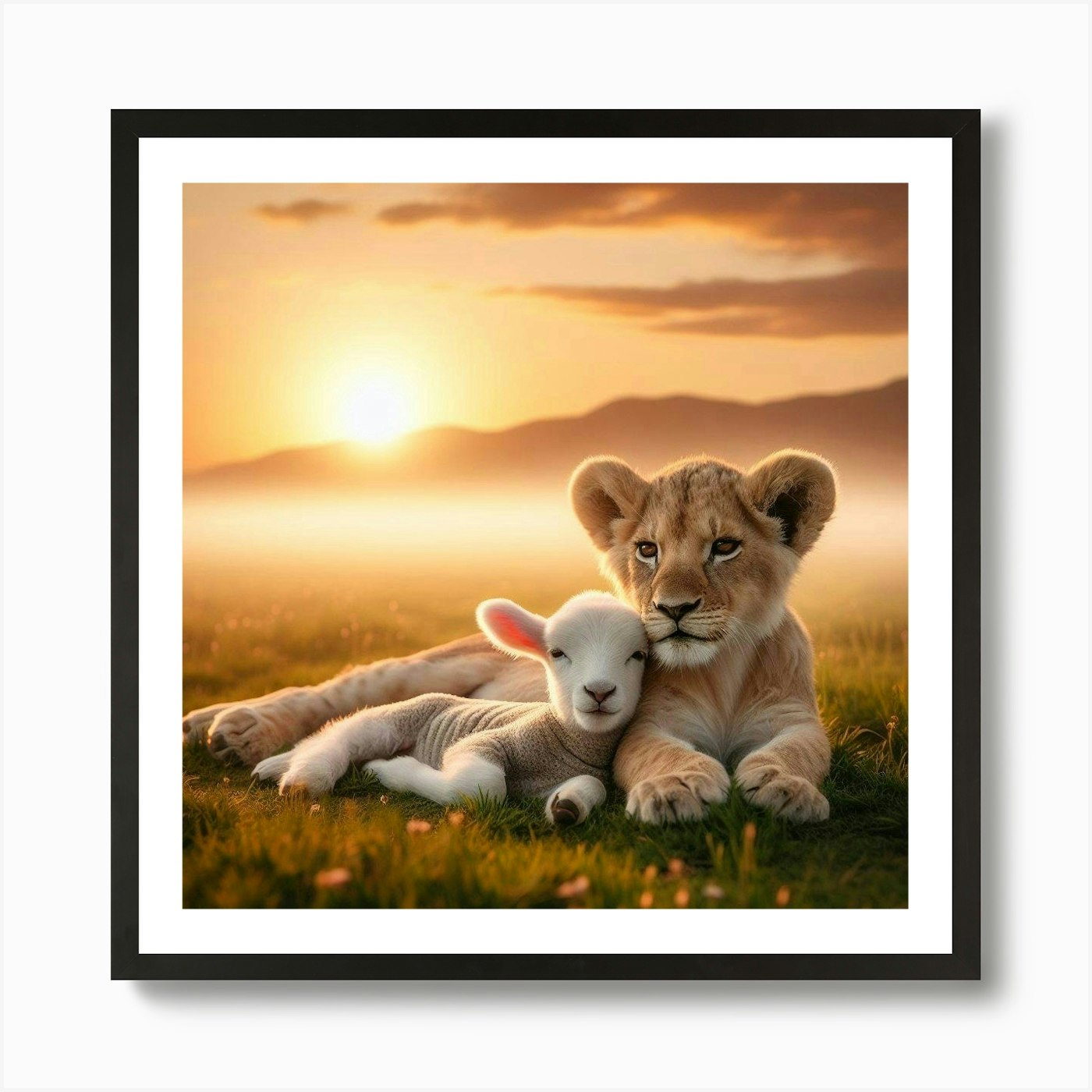Lion Cub And Lamb Art Print Framed Wall Art Poster Canvas Print Picture