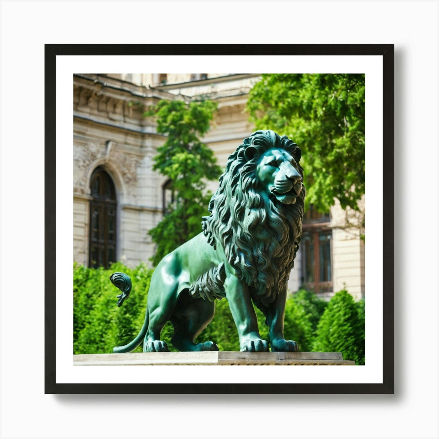 Lion Statue In Front Of A Building  Framed Wall Art Poster Canvas Print Picture