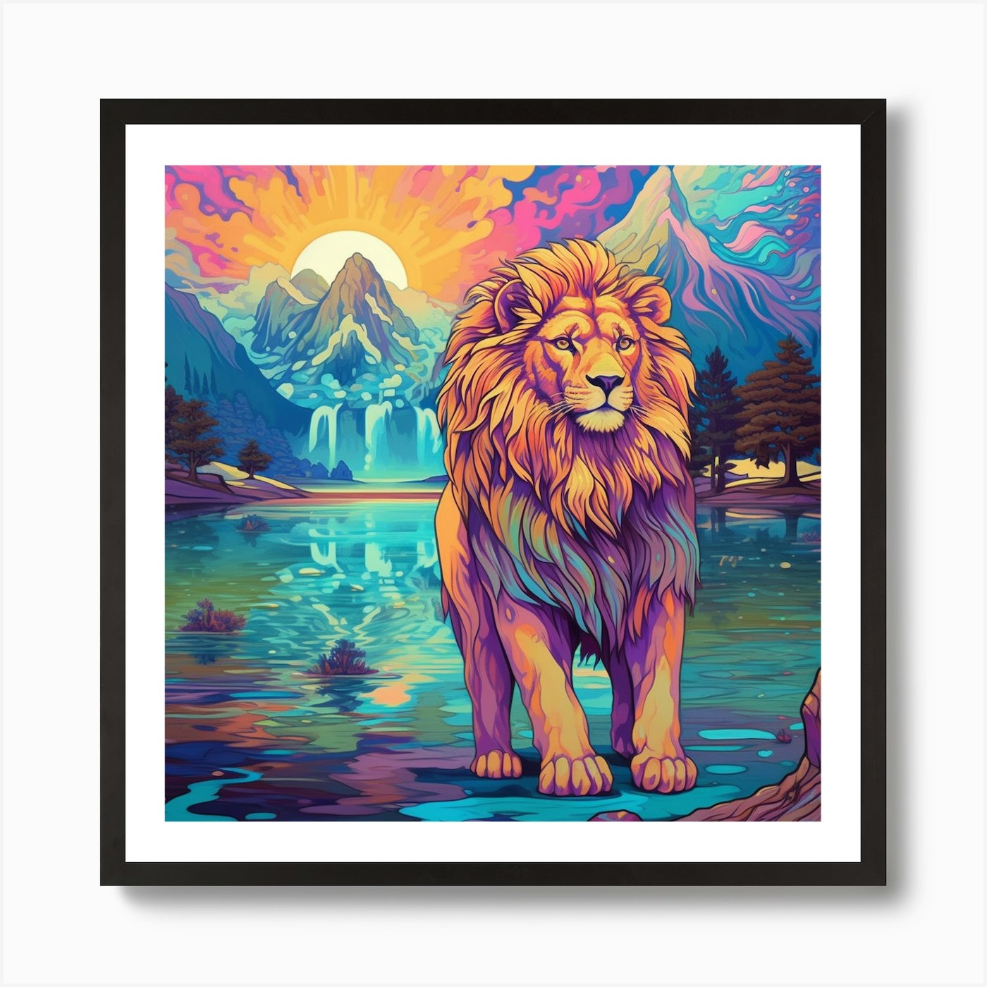 Armadiler Lion Next To A Lake Psych Framed Wall Art Poster Canvas Print Picture