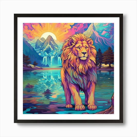 Armadiler Lion Next To A Lake Psych Framed Wall Art Poster Canvas Print Picture