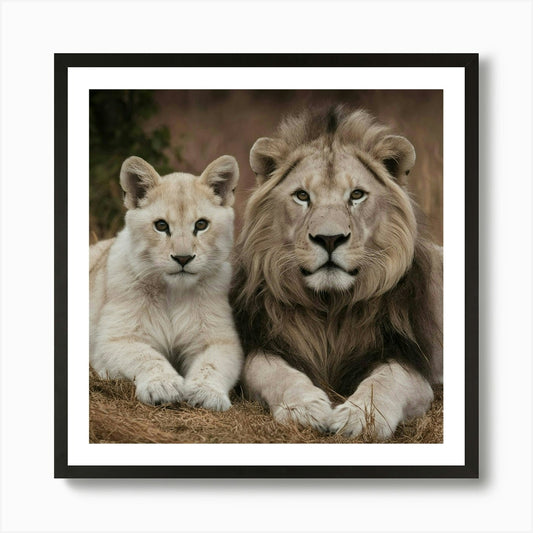 White Lion And Cub Art Print Framed Wall Art Poster Canvas Print Picture