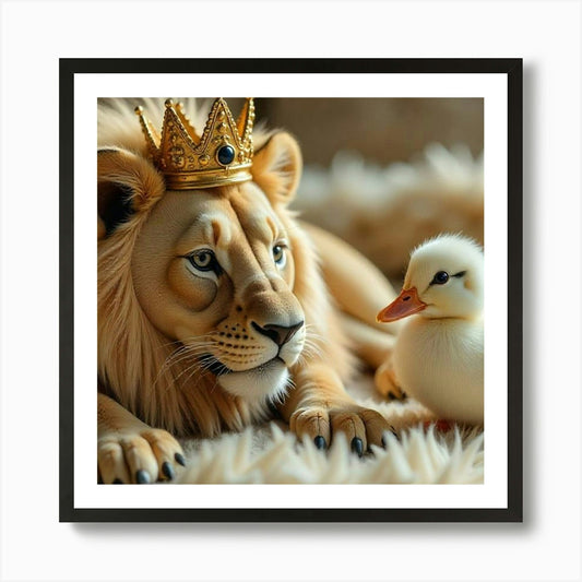 Regal Companions: A Lion and a Duck Framed Wall Art Poster Canvas Print Picture