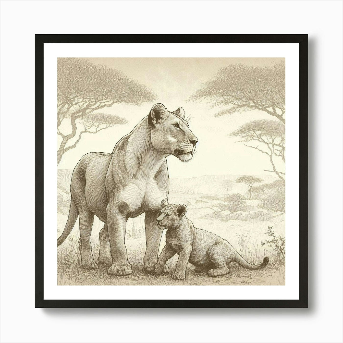 Lion And Cub 2 Art Print Framed Wall Art Poster Canvas Print Picture