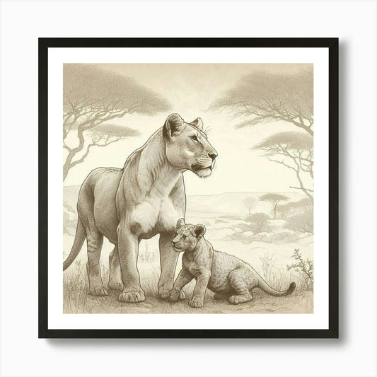 Lion And Cub 2 Art Print Framed Wall Art Poster Canvas Print Picture