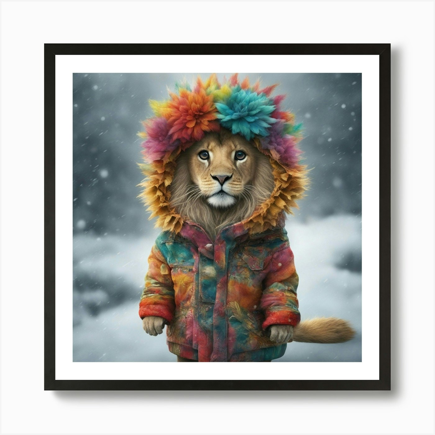 Lion In The Snow Art Print Framed Wall Art Poster Canvas Print Picture