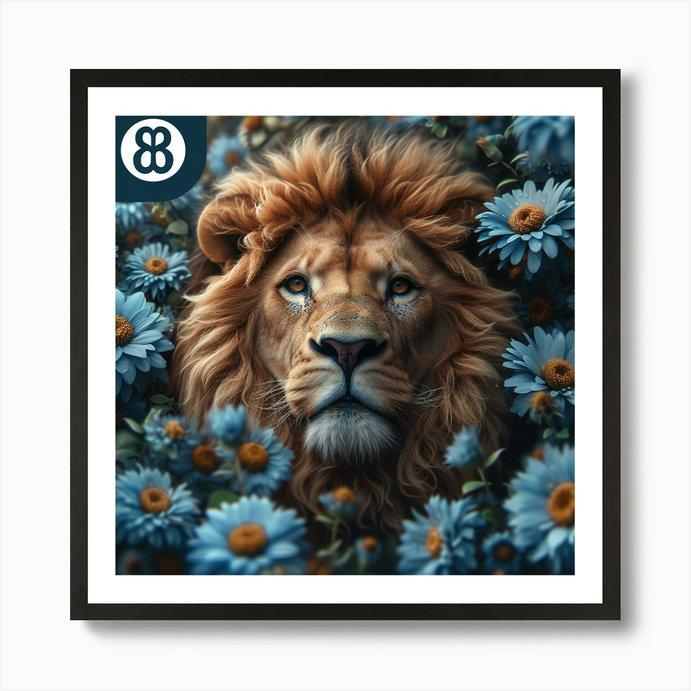 Lion In Blue Flowers Art Print Framed Wall Art Poster Canvas Print Picture
