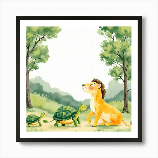 Lion And Turtles In The Forest Art  Framed Wall Art Poster Canvas Print Picture