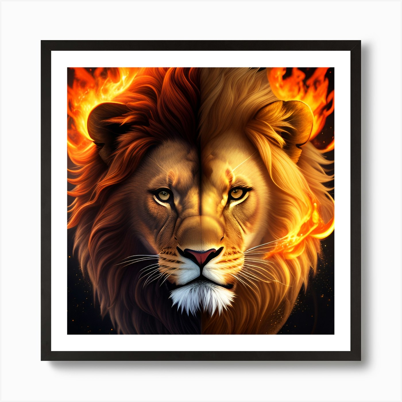 Lion And Fire Art Print Framed Wall Art Poster Canvas Print Picture