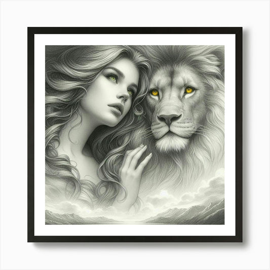 A beautiful woman and lion 3 Art Pr Framed Wall Art Poster Canvas Print Picture