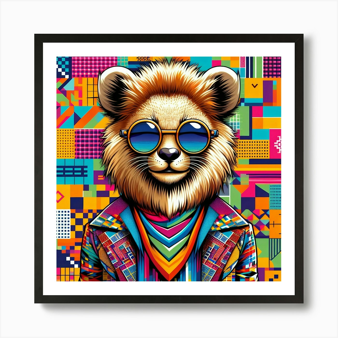 Lion On A Colorful Geometric Backgr Framed Wall Art Poster Canvas Print Picture