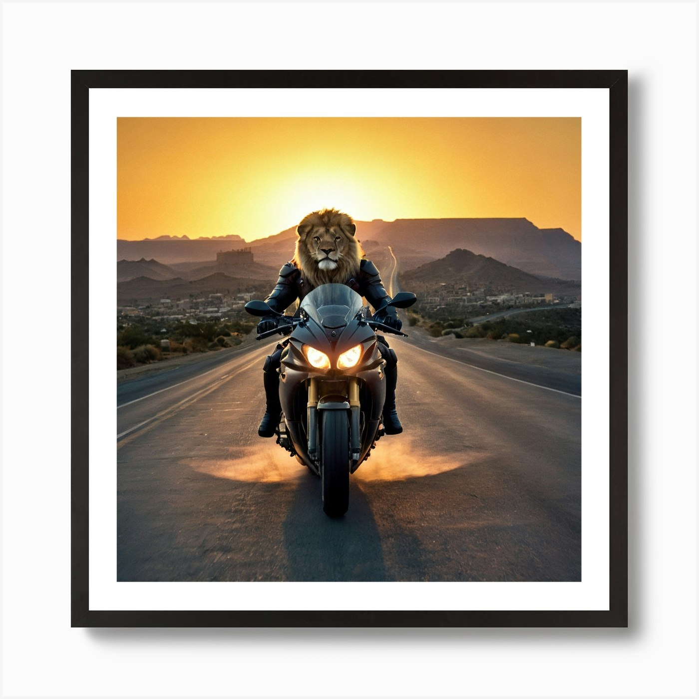 Lion On A Motorcycle Art Print Framed Wall Art Poster Canvas Print Picture