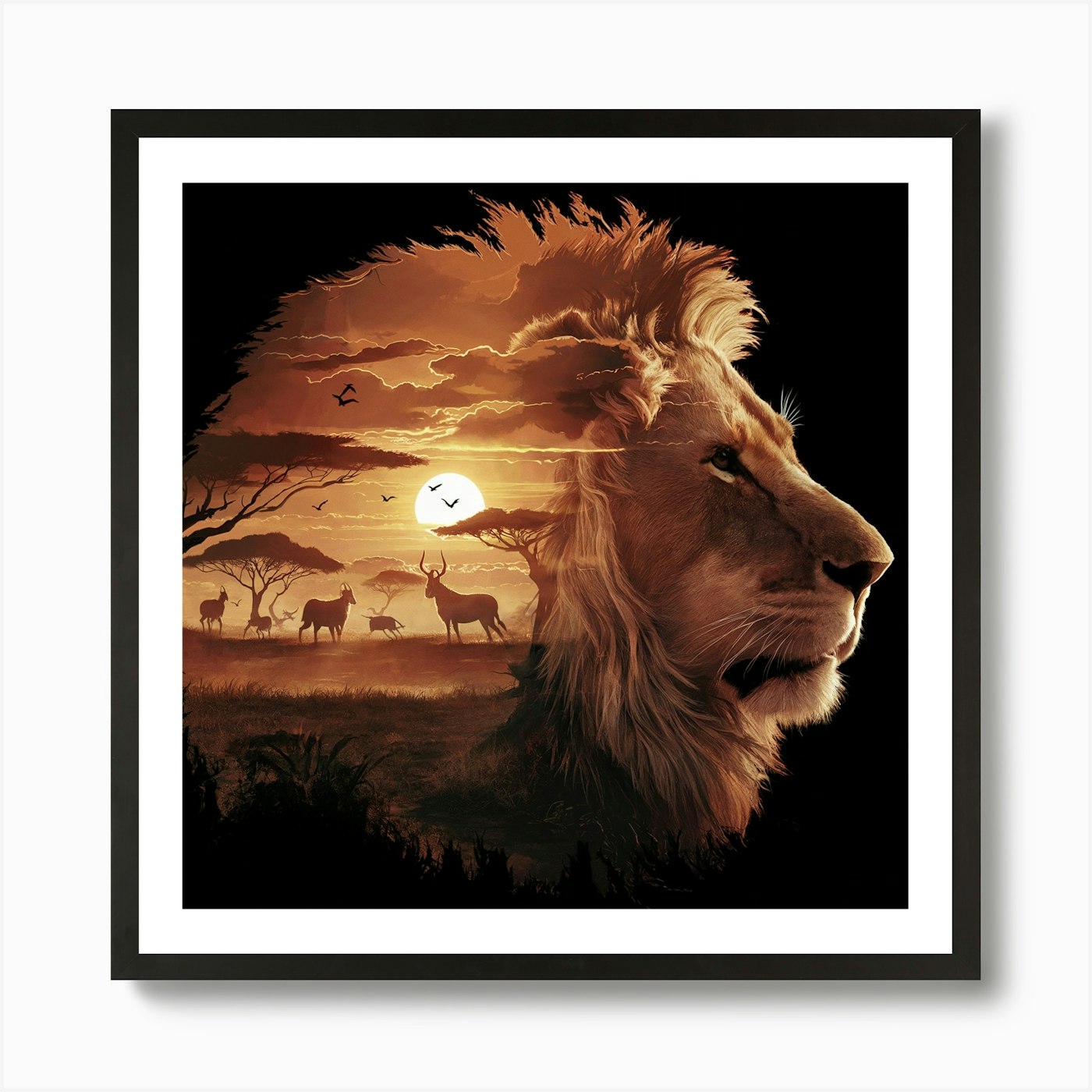 Lion At Sunset 1 Art Print Framed Wall Art Poster Canvas Print Picture
